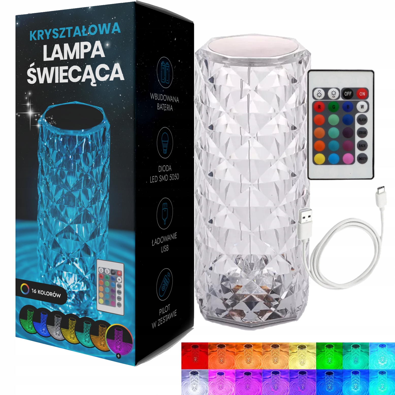KRYSZTAŁOWA LAMPA ŚWIECĄCA LED RGB RÓŻA MIENIĄCA USB-C PILOT DOTYK 16 KOLOR