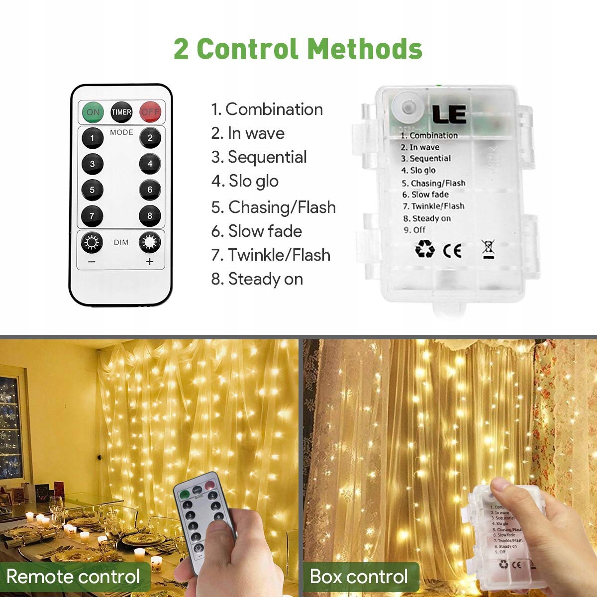 Kurtyna LED 3x3m 300 Ciepłe Białe 8 Trybów USB Wnętrz/Zewnątrz — miniatura 3