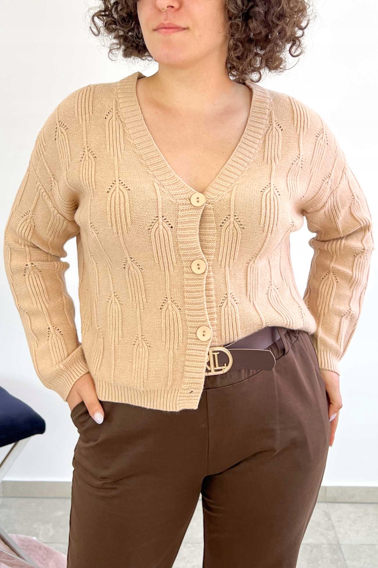 Dámský svetr se zapínáním na Knoflíky s výstřihem do V, béžová barva, Uni