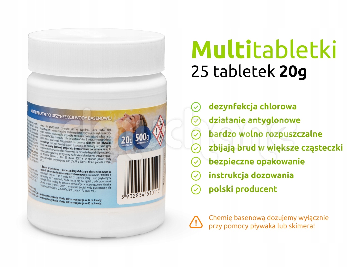 Tabletki Multifunkcyjne Do Basenu Dezynfekcja Wody Chlor 25 x 20g 0,5kg