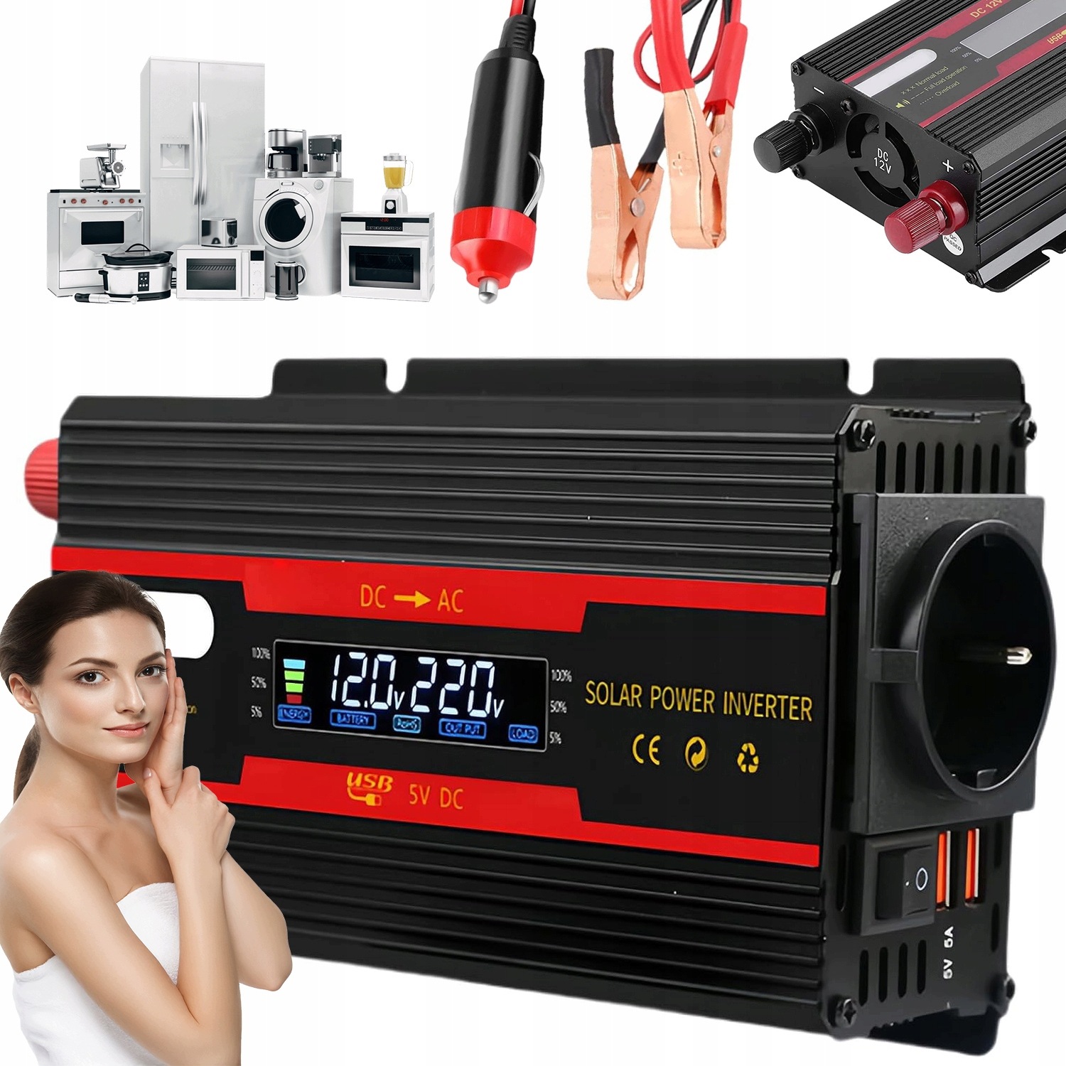 Měnič Napětí Automobilová 2000W Kontinuální Špička 2xUSB 5A Zabezpečení LCD