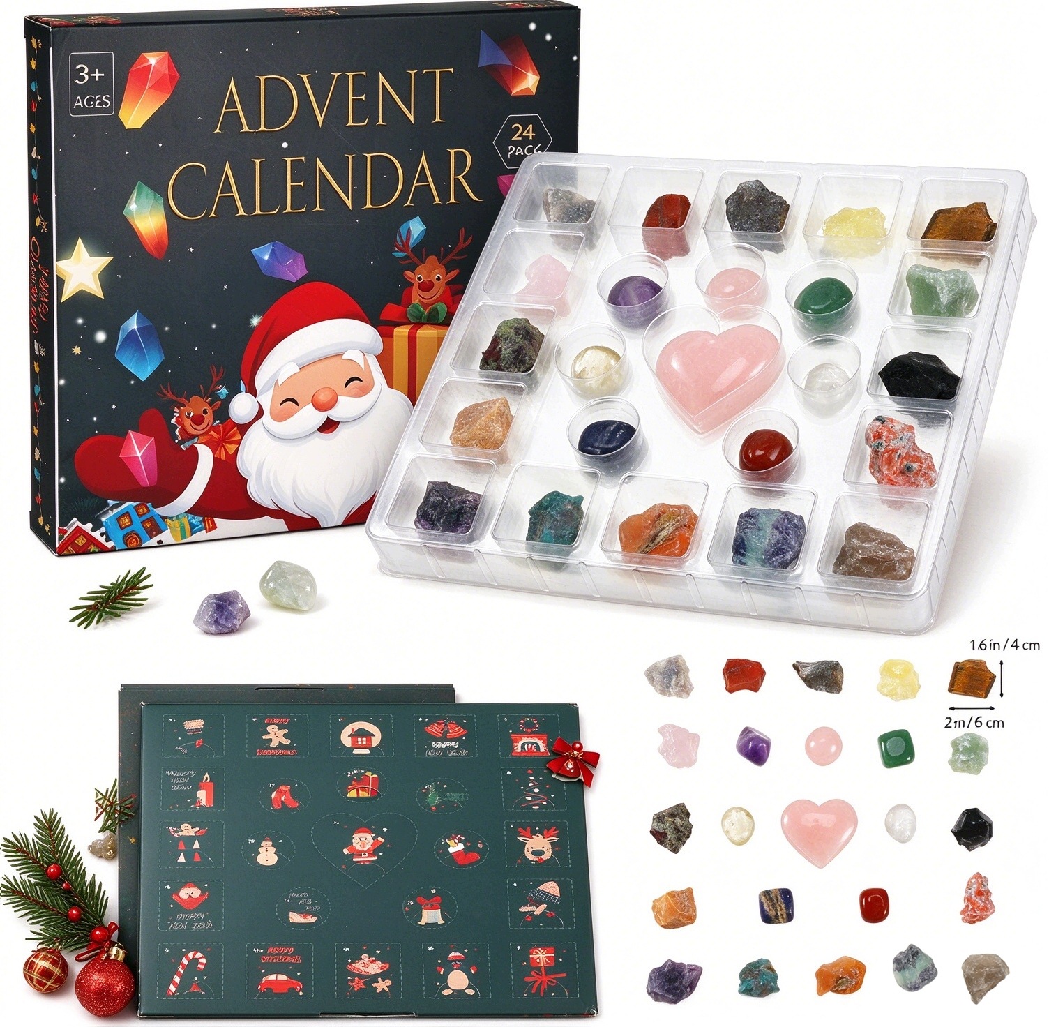 Adventní kalendář 24 minerálů, geologických kamenů, dekorace, vánoční dárek