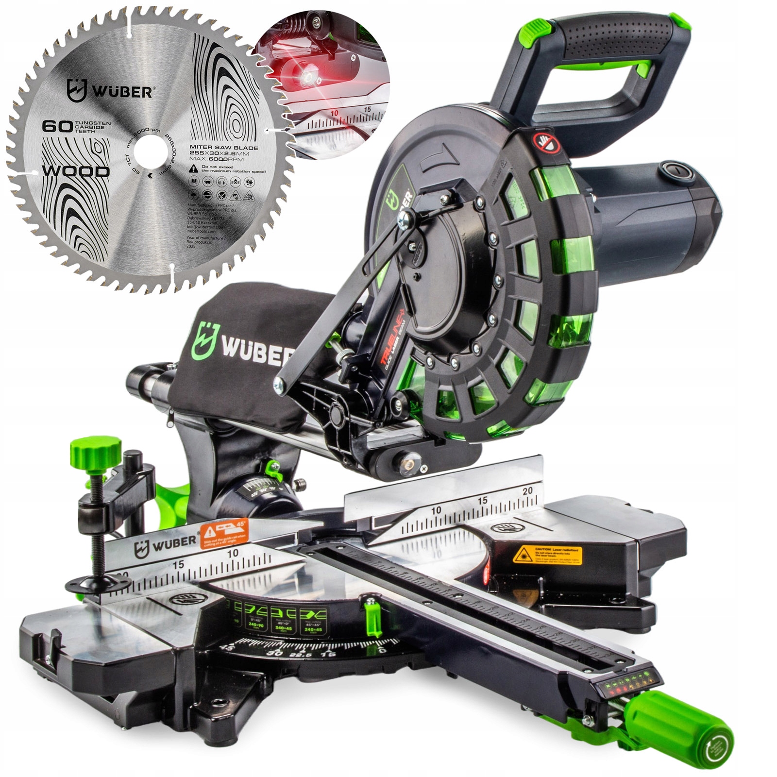 Piła Ukosowa Z Posuwem Ukośnica Do Drewna 2000W Laser Tarcza 255MM 60T