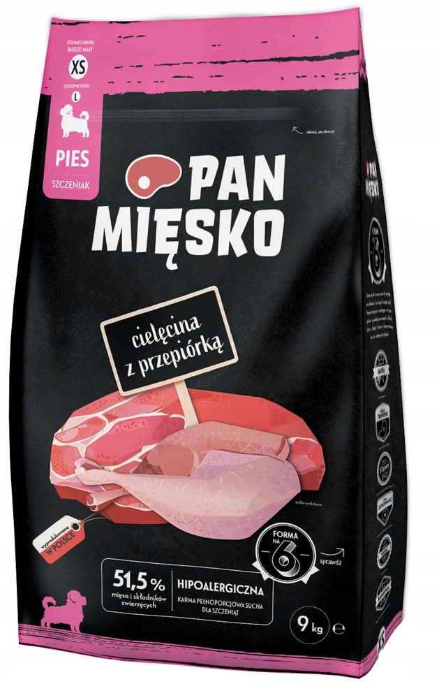 Pan Mięsko Karma sucha dla psa cielęcina z przepiórką chrupki Xs 9 kg