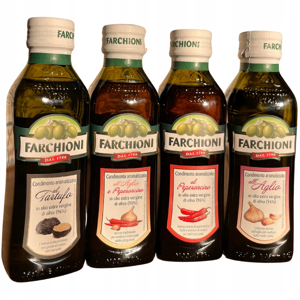 4x Farchioni extra panenský olivový olej 250 ml česnek, lanýže, chilli
