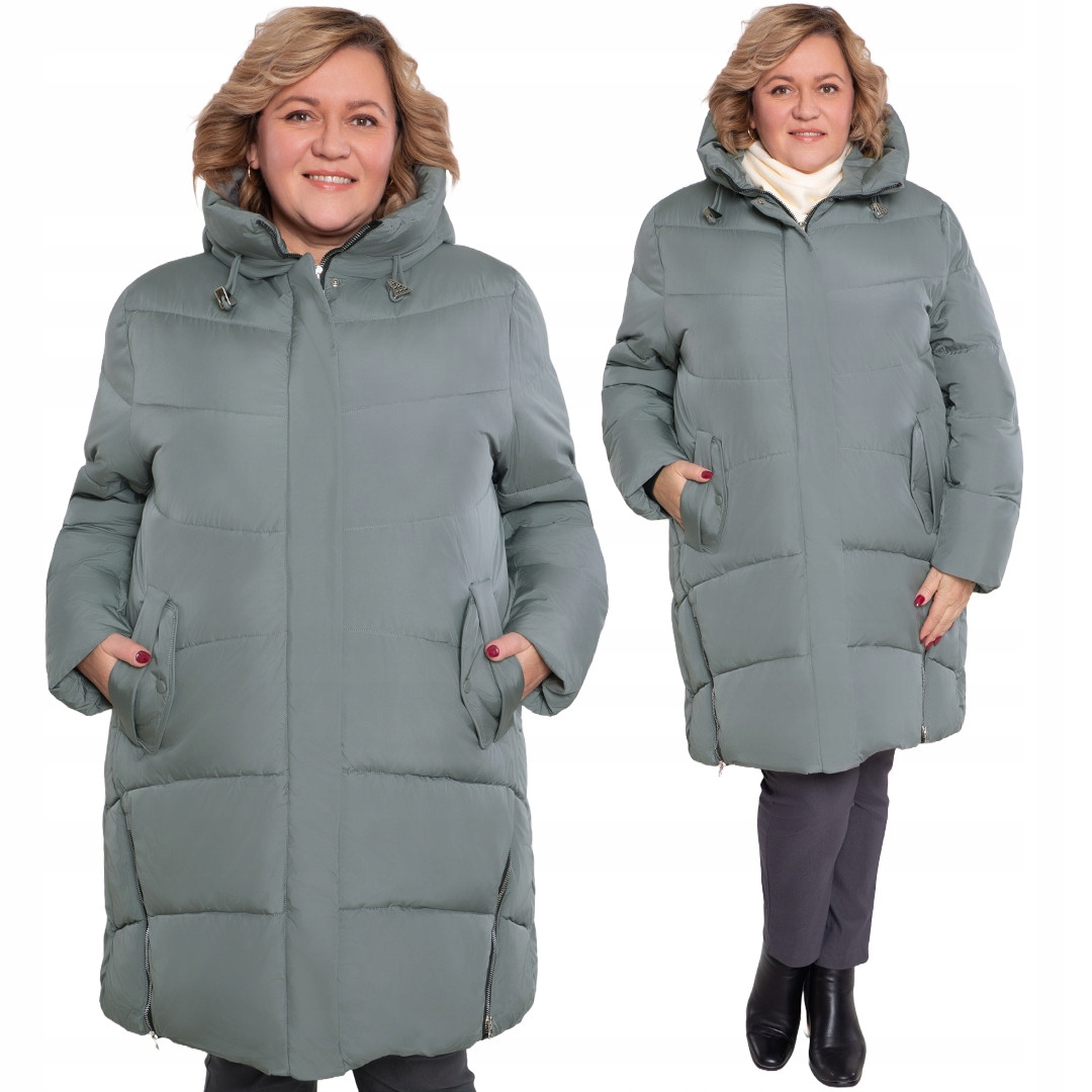 Dlouhá zelenošedá bunda velikosti 50