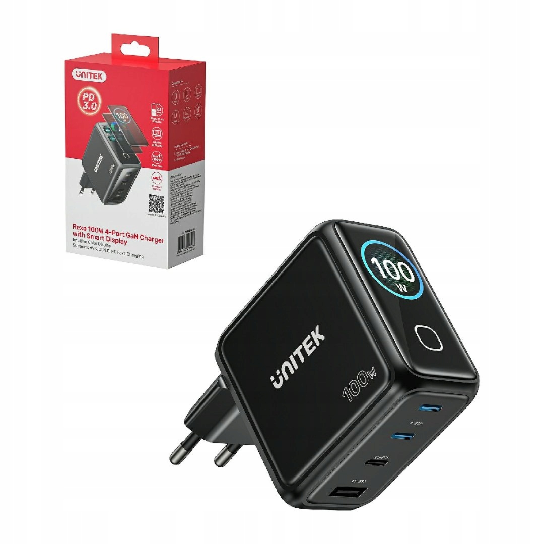 Unitek Ładowarka GaN z wyświetlaczem 100W 3xUSB-C 1xUSB-A PD3.0 Q