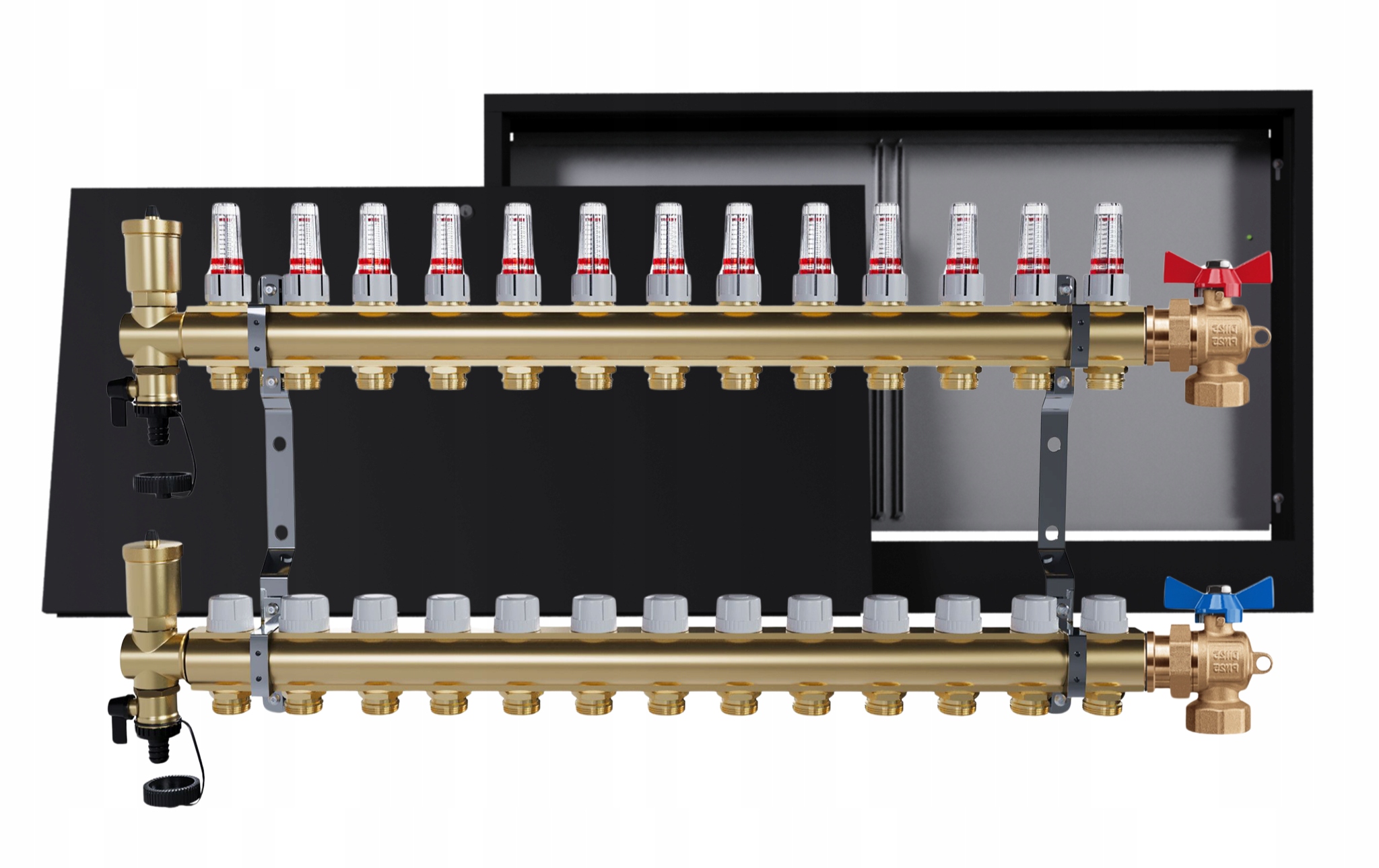 Rozdělovač mosazný podlahový 13 okruhů nástěnná skříňka černá ventily