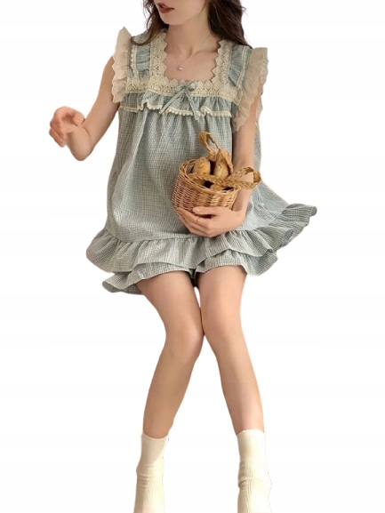 Roztomilé Pyžamo Modrá Mřížka Krajka Volánky Mašlička Dívčí Styl XL