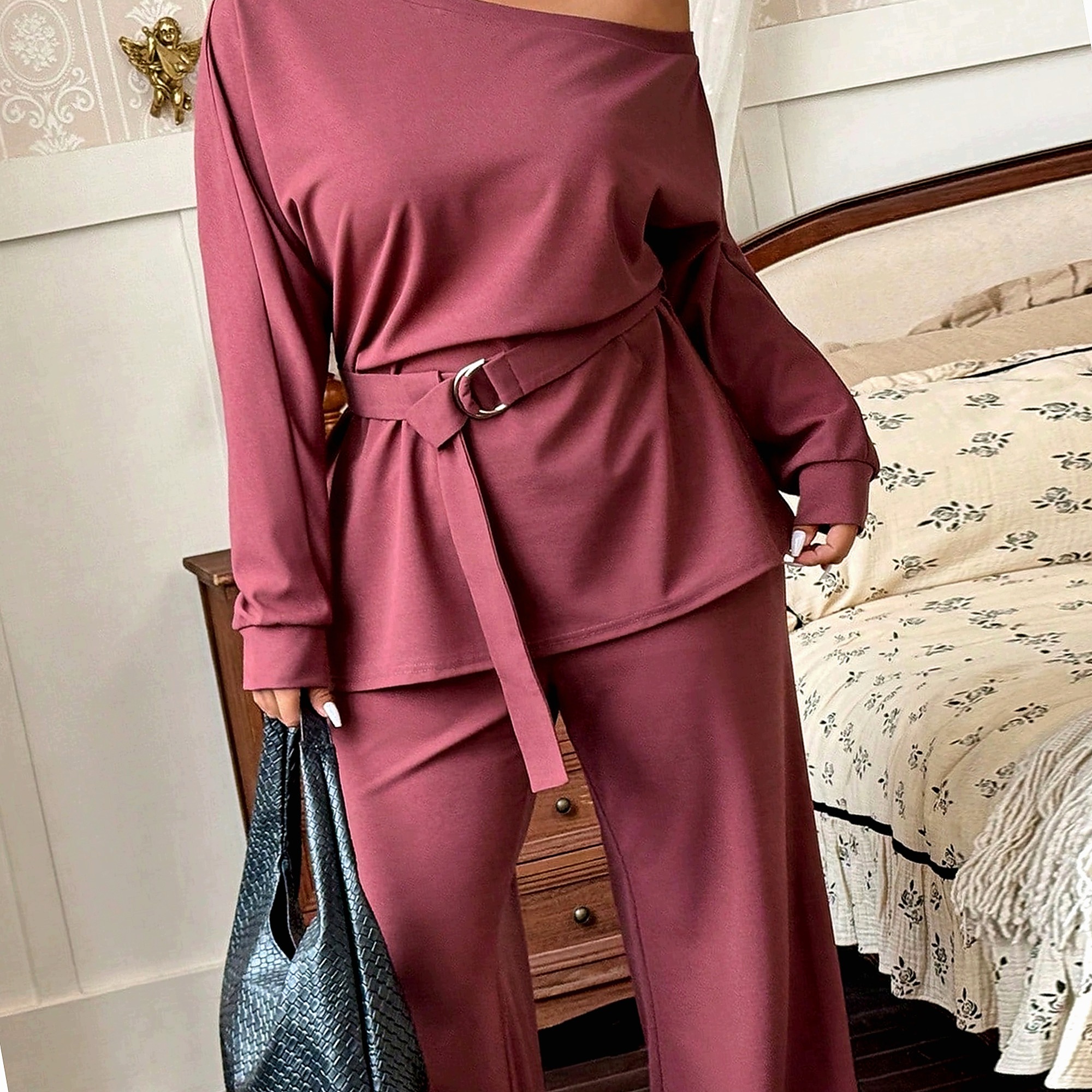 Ležérní dámský elegantní komplet s páskem na rameno, švestkový, velikost XL 42