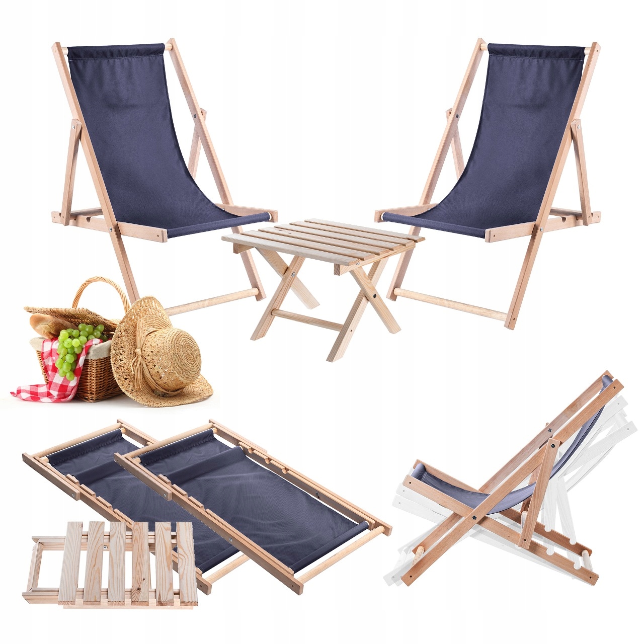 Plážové Lehátka Drevené Ležadlo 2 ks Skladací Konferenčný Stolík