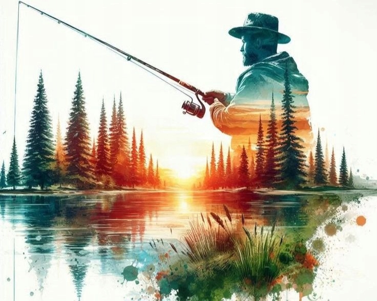 Diamantová výšivka Ryba Rybaření Jezero Rybaření Příroda XXL 60x80 cm