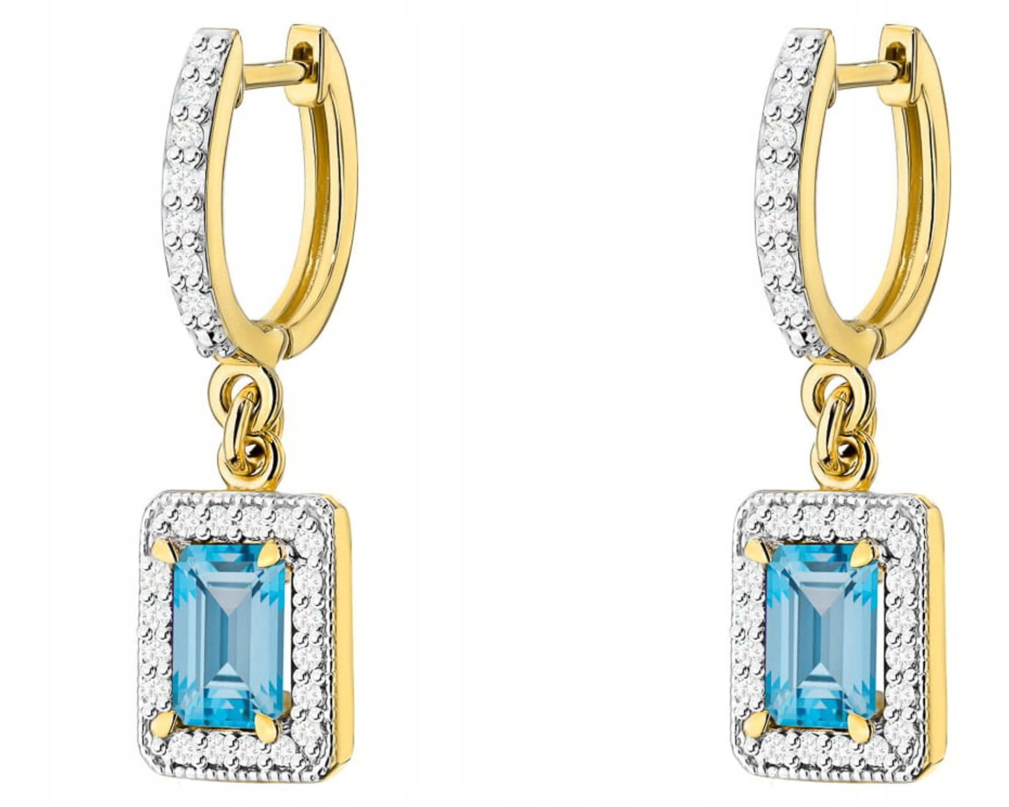 Zlaté Náušnice Visící S Modrými Topazy A Brilianty Ryzost 585