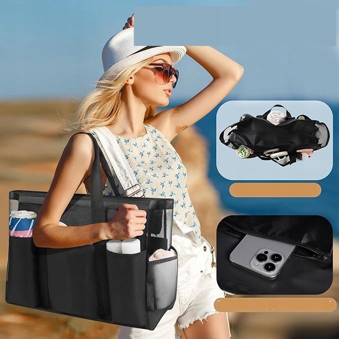 DUŻA TORBA XXL PLAŻOWA Z SIATKI SKŁADANA ODPORNA NA PIASEK LEKKA Wielkość duża (mieszcząca A4)