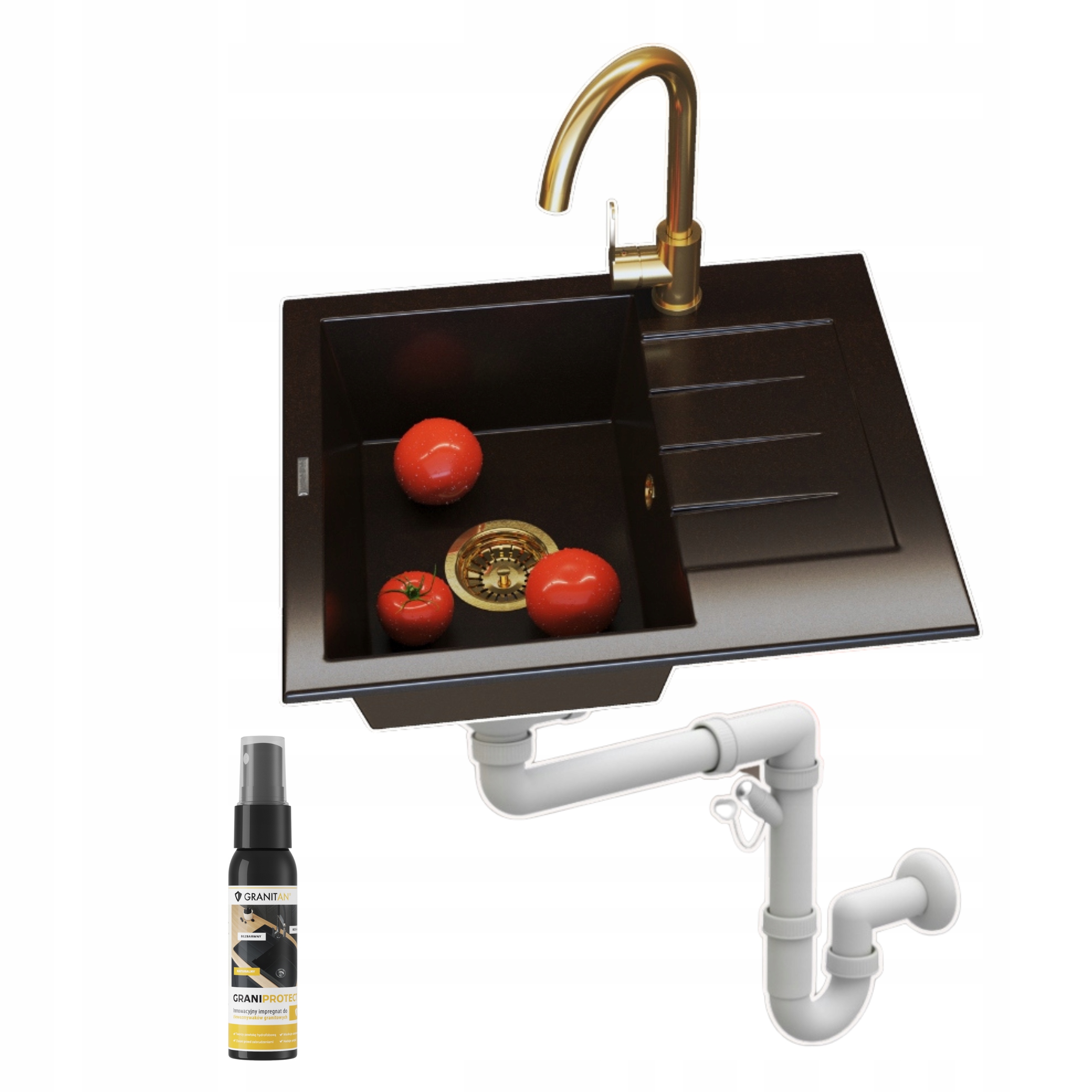 Granitový drez Milano Deep Brown jednokomorový, sada batérií, sifón 4v1