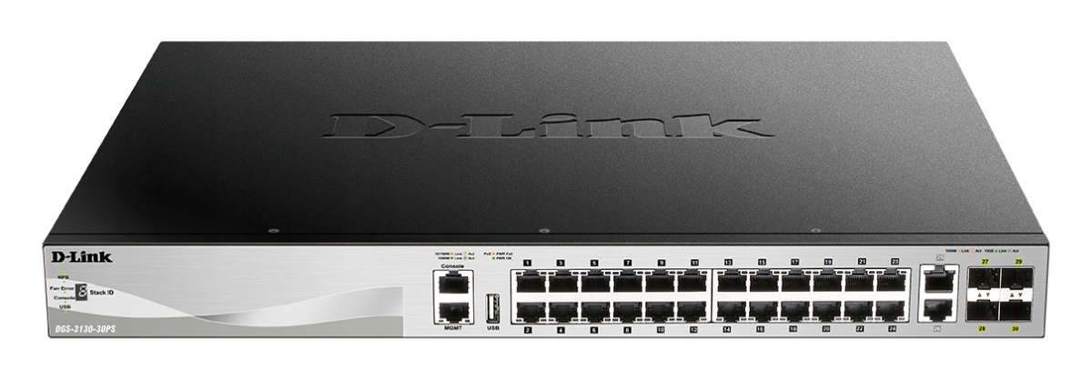 D-Link DGS-3130-30PS L3 Stck. Mng. PoE switch 24x GbE PoE+, 2x 10G RJ-45,…