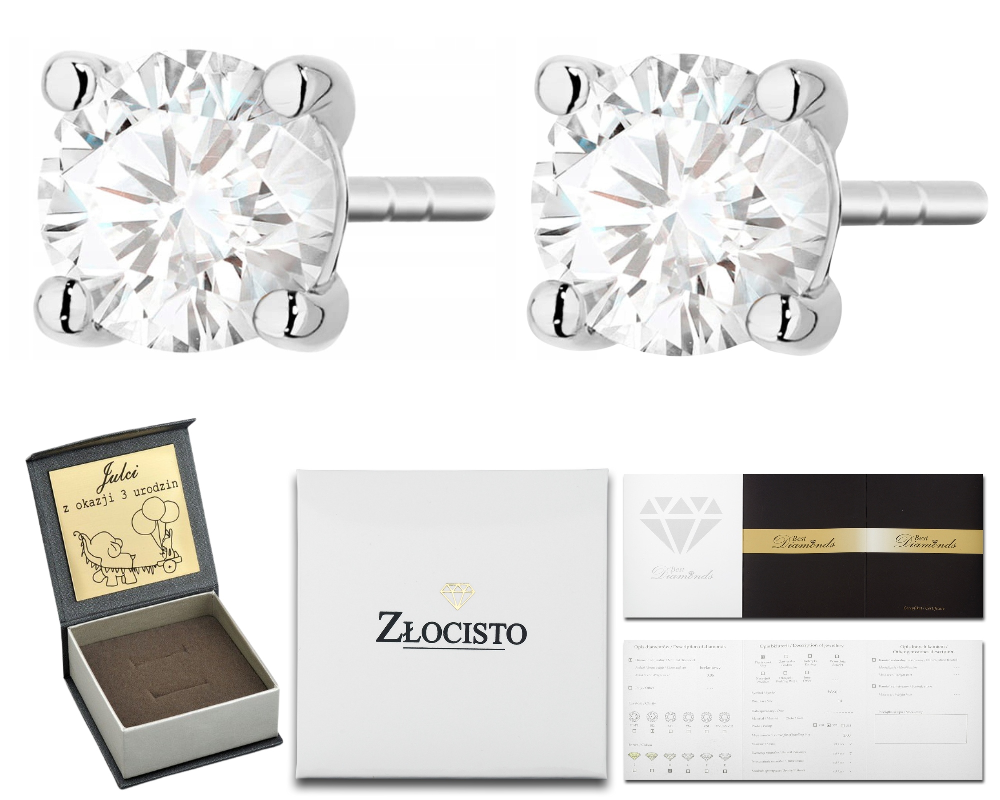 Bílé Zlato Náušnice 1,00 Ct Diamanty Šroubovák Certifikát Elegantní