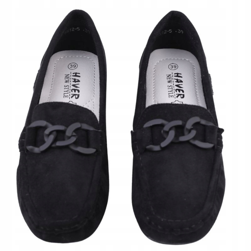 Czarny Mokasyny Damskie Z Łańcuchem Półbuty Zamszowe Wsuwane