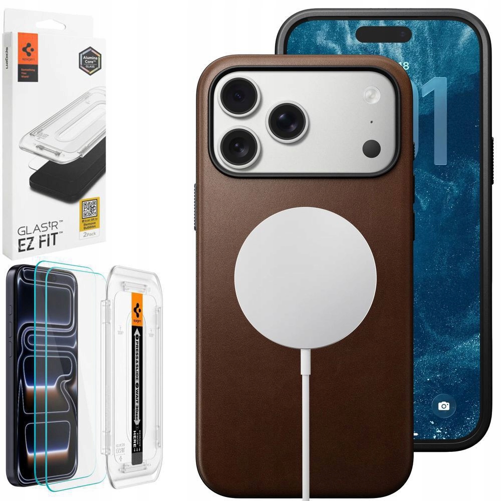 Kožené puzdro Nomad MagSafe Leather Case 2x sklo Spigen pre iPhone 17 Pro