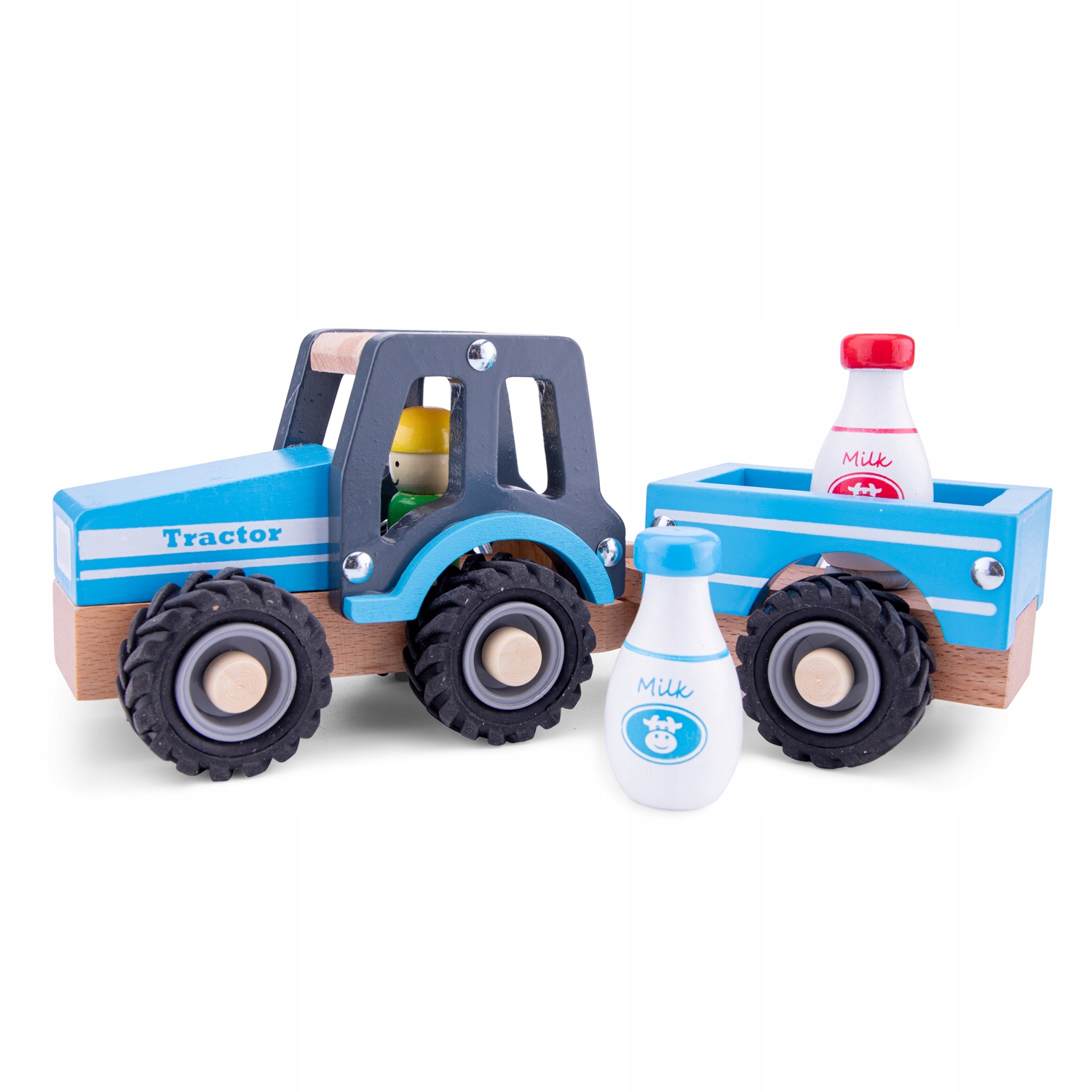 NEW CLASSIC TOYS DREWNIANY TRAKTOR Z PRZYCZEPĄ - BUTELKI Z MLEKIEM
