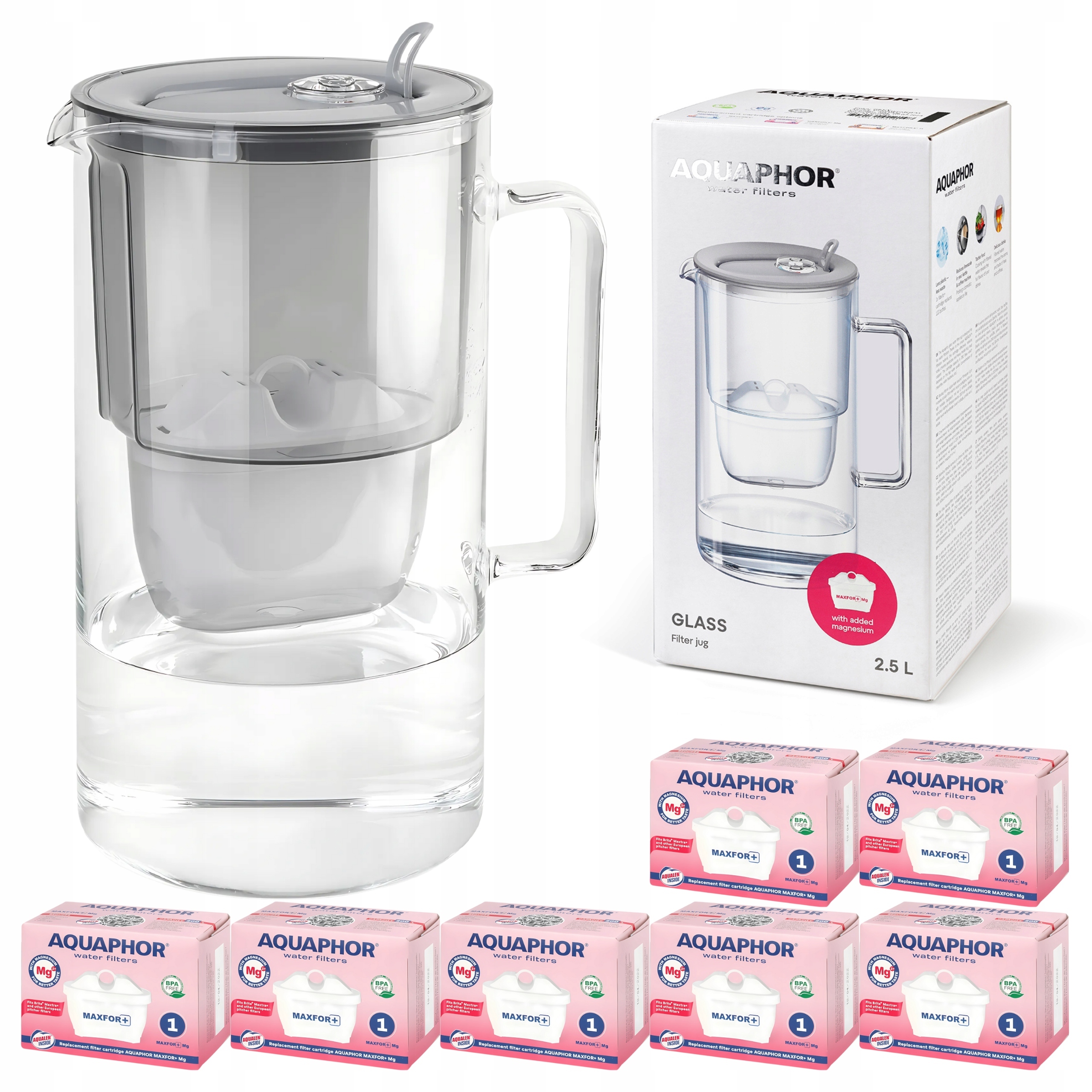 Filtrační konvice skleněná Aquaphor Glass Šedá 7 filtračních vložek Maxfor