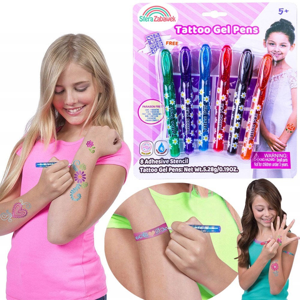 PISAKI ŻELOWE DŁUGOPIS DO ROBIENIA TATUAŻY SZABLON DO TATUAŻU Z SZABLONAMI Wiek dziecka 5 lat +