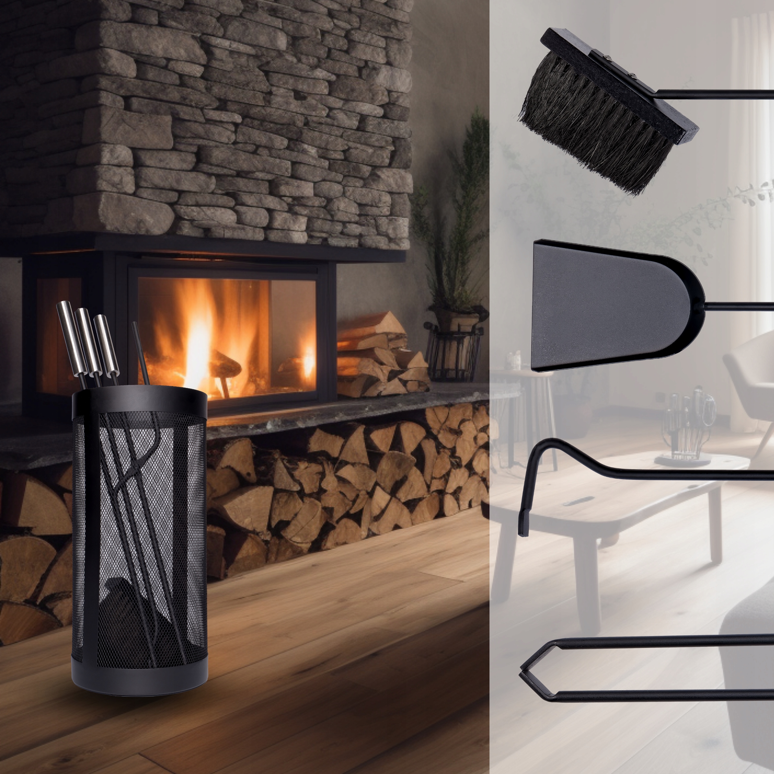 NARZĘDZIA KOMINKOWE ZESTAW AKCESORIA 5 SZTUK + STOJAK KOSZ METALOWY ZMIOTKA Stan opakowania oryginalne