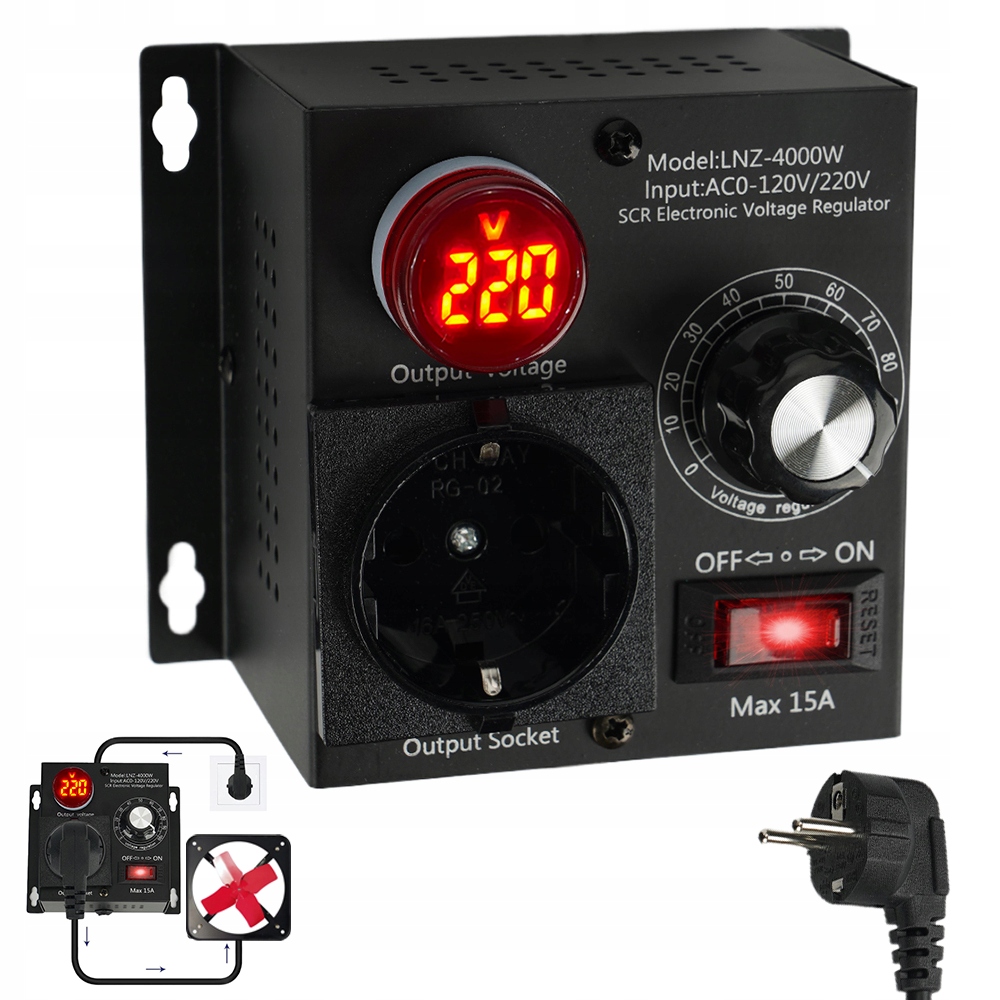 Regulator Mocy Napięcia Obrotów Silnika Watomierz Ac 9 A 4000 W