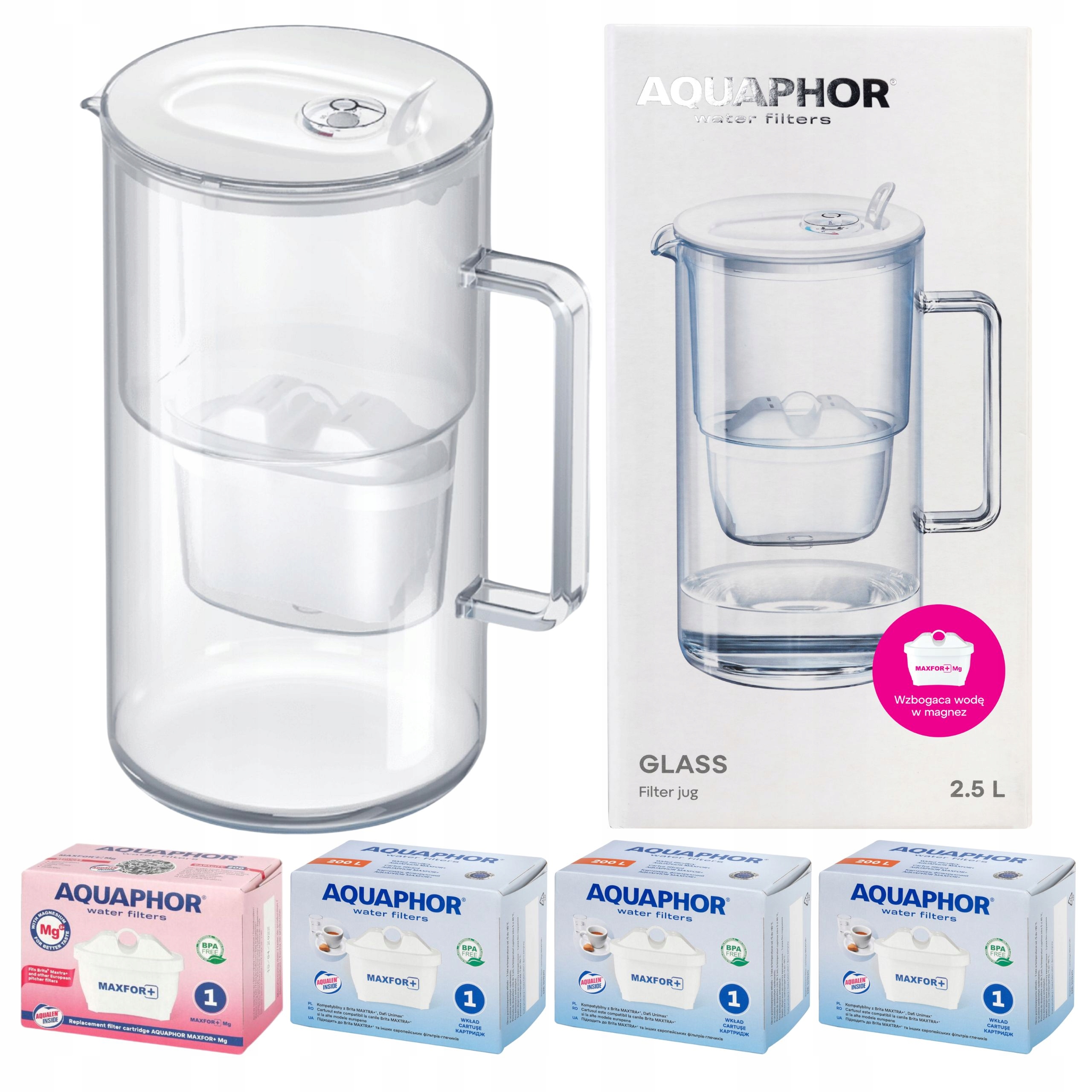 Filtrační konvice skleněná Aquaphor Glass bílá 4 filtry Maxfor (1 mg 3)