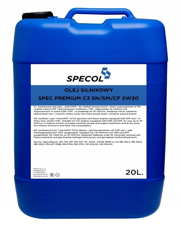Specol Prémiový Olej 5V30 20 L C3 Sn Plus/sm/cf 502.00 505.00 505.01 DEX2