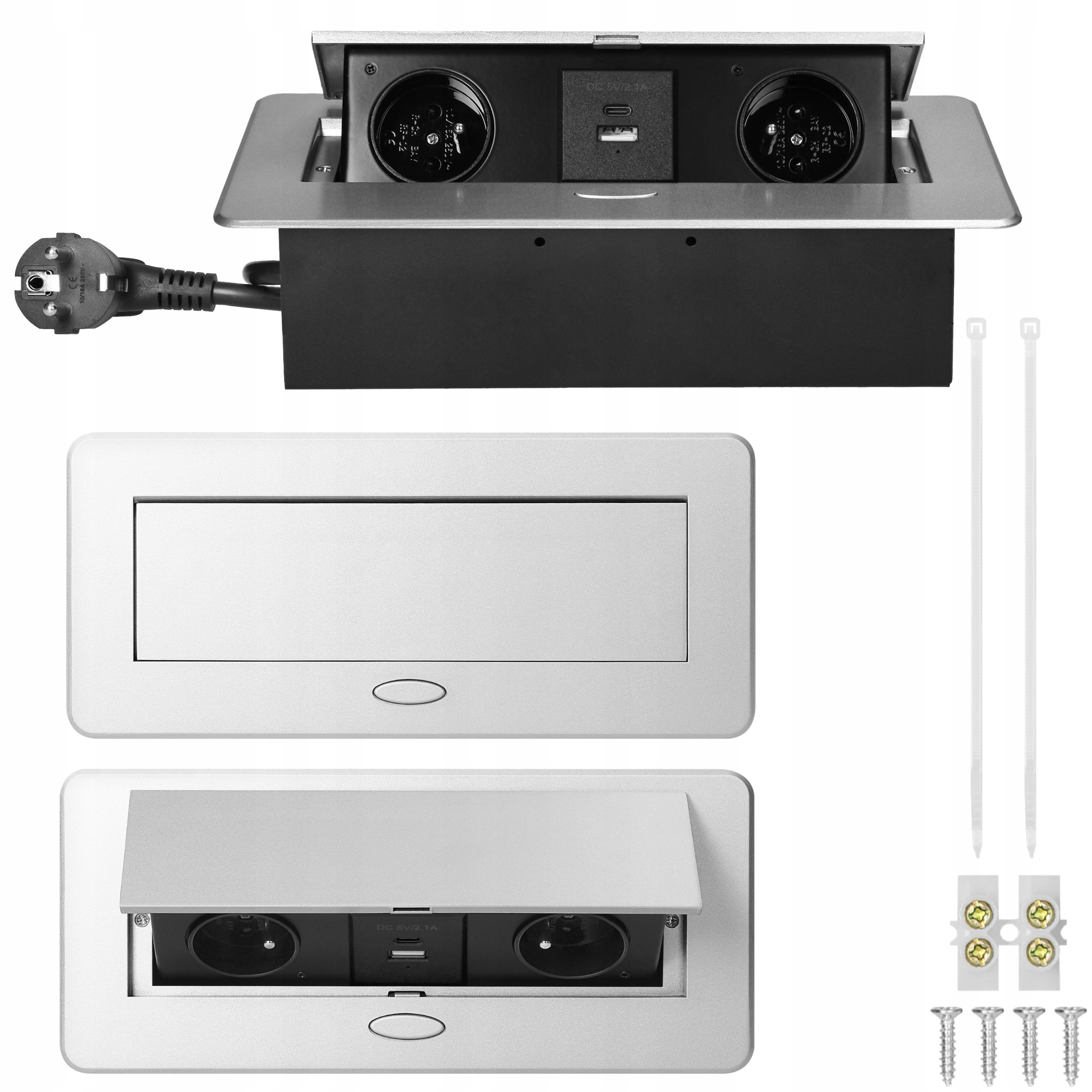 Zásuvka zasunutelná do desky, dvojitá ocelová nábytková zásuvka Usb