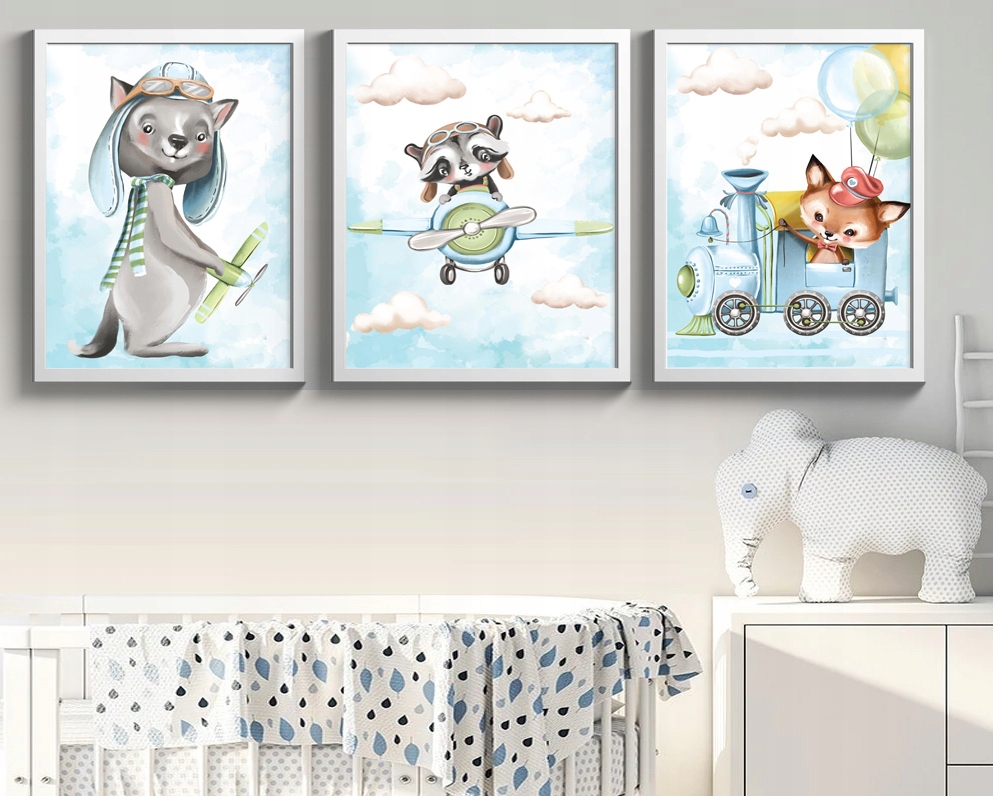 Zestaw 3 obrazki A2 40x50 PLAKATY tryptyk SAMOLOTY POCIĄGI KOPARKA CHŁOPIEC Marka inna marka