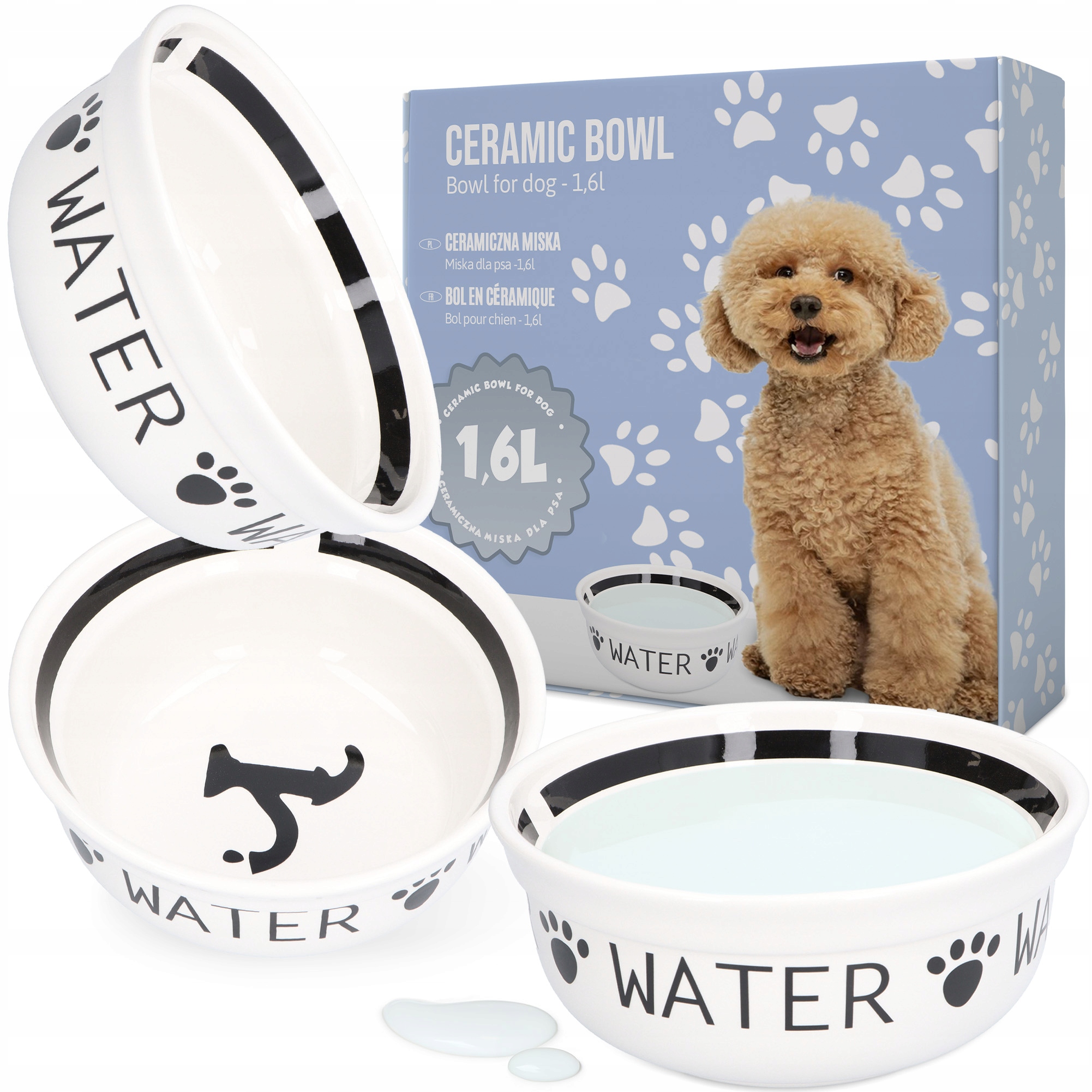 Levně Velká miska Psa 1,6 Keramická miska na vodu Porcelánová Zvířata Bílá 8K