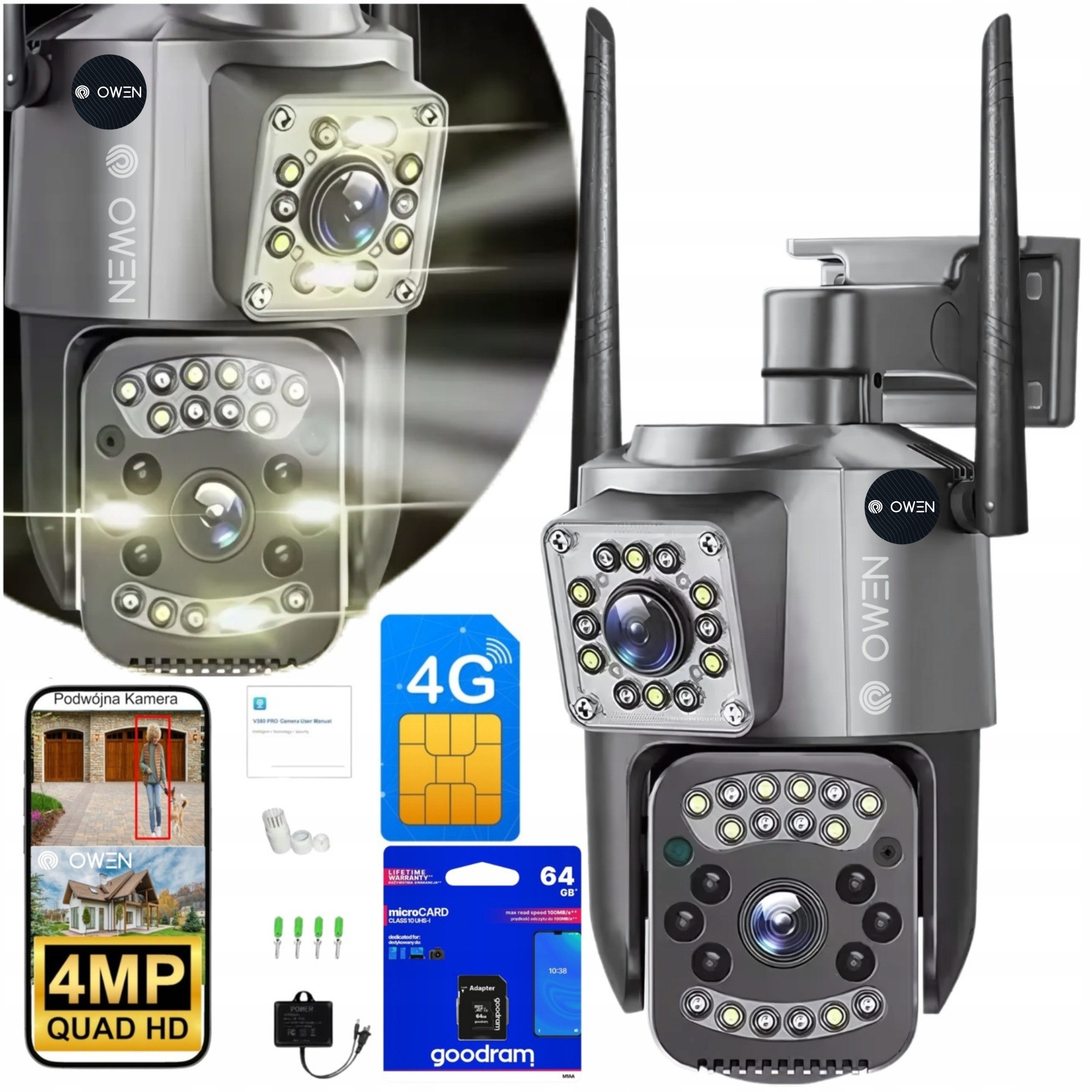 Duální venkovní 4MPX Qhd 4G Gsm Lte kamera Otočná Smart Zoom 4MP 4v1