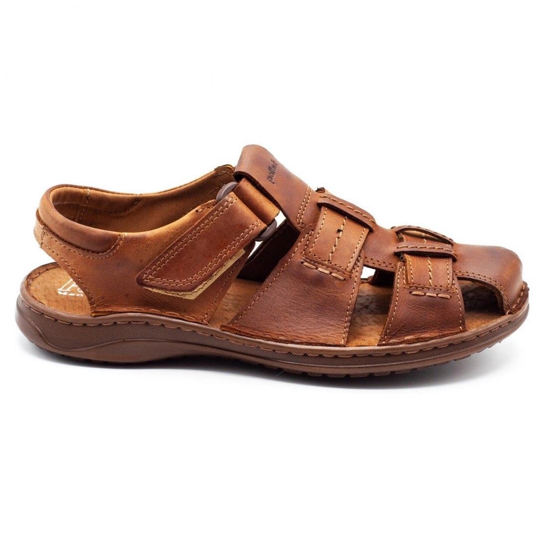 Pánské sandály z přírodní kůže na suchý zip Polské SA07 camel hnědé 40