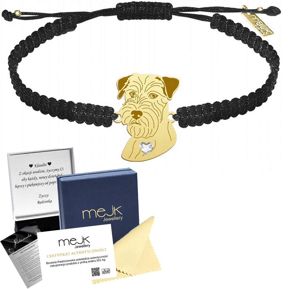Zlatý náramek Jack Russell teriér Hrubosrstý 925 Makramé Gravírování