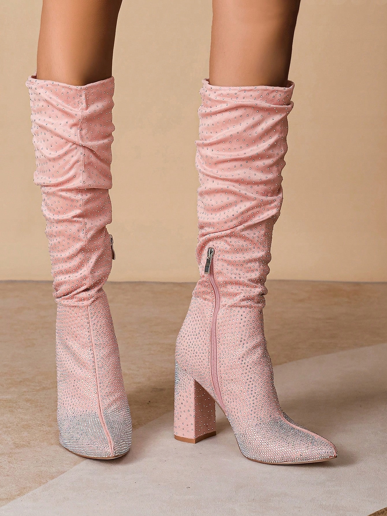 Kozačky Zdobené Zirkony Na Vysokém Podpatku, Semišové, Nařasené, Velikost 38,5