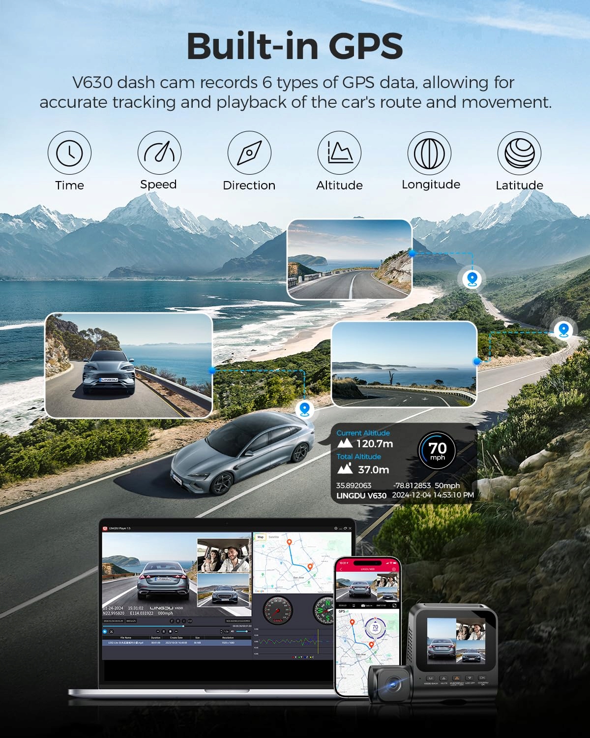 LINGDU Kamera Samochodowa 4K 3 Kanały Przód Tył Wnętrze WiFi GPS — miniatura 5