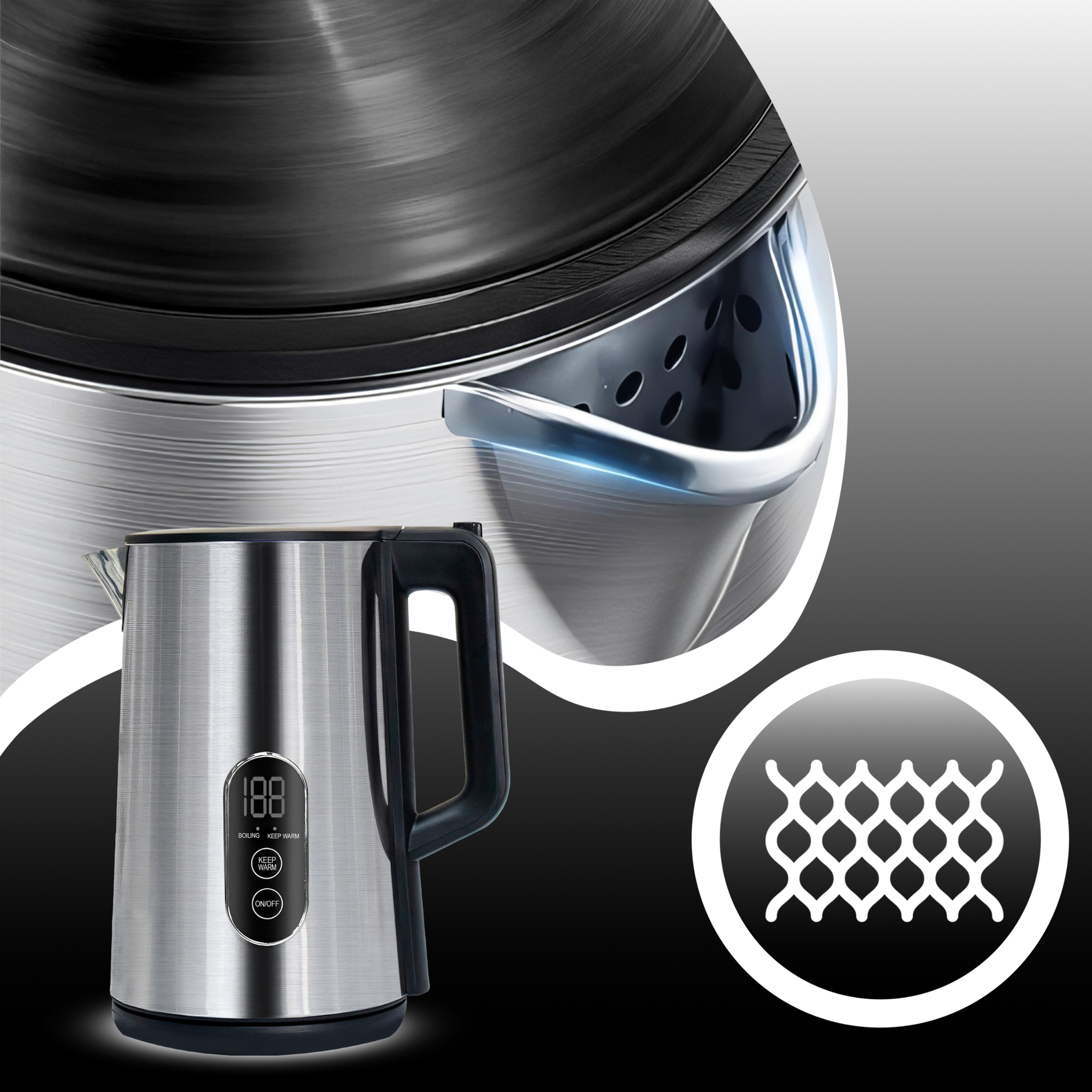 BEZDRÔTOVÁ DOTYKOVÁ RÝCHLOVARNÁ KANVICA 1800 W, REGULÁCIA TEPLOTY 1,8 L Funkcie udržiavanie tepla ovládanie teploty