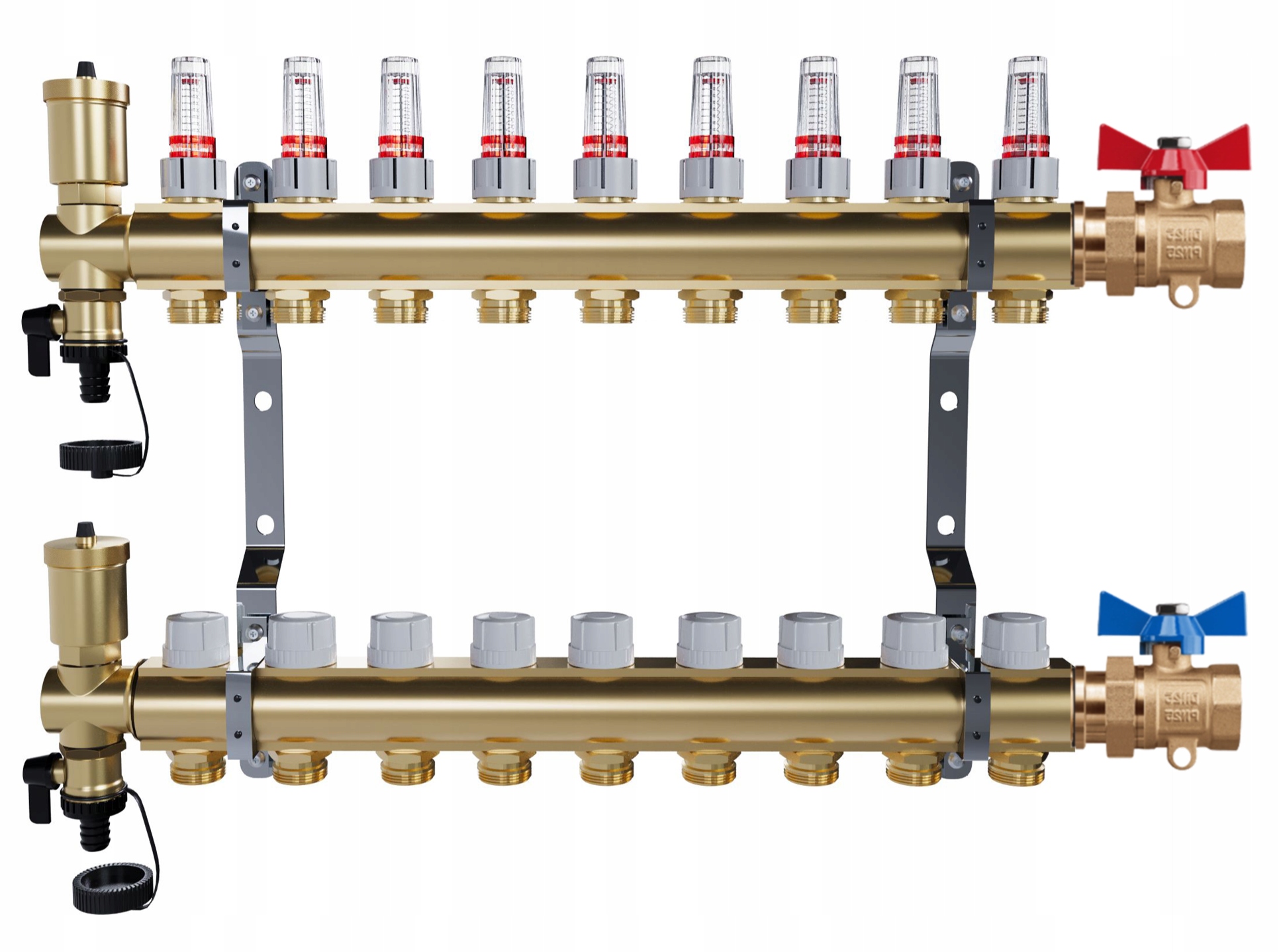 Rozdělovač pro podlahové vytápění – 9 okruhů jednoduché kulové ventily