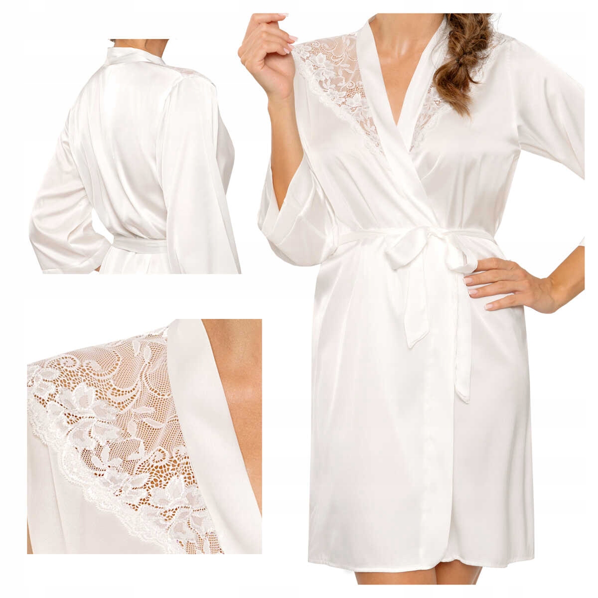 Donna Dámský saténový župan s krajkou vázaný Mari krémový L