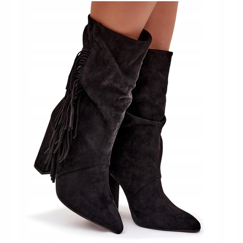 Dámské Kotníkové Boty Eko Semišové Podpatek Sloupek Třásně Černé 39