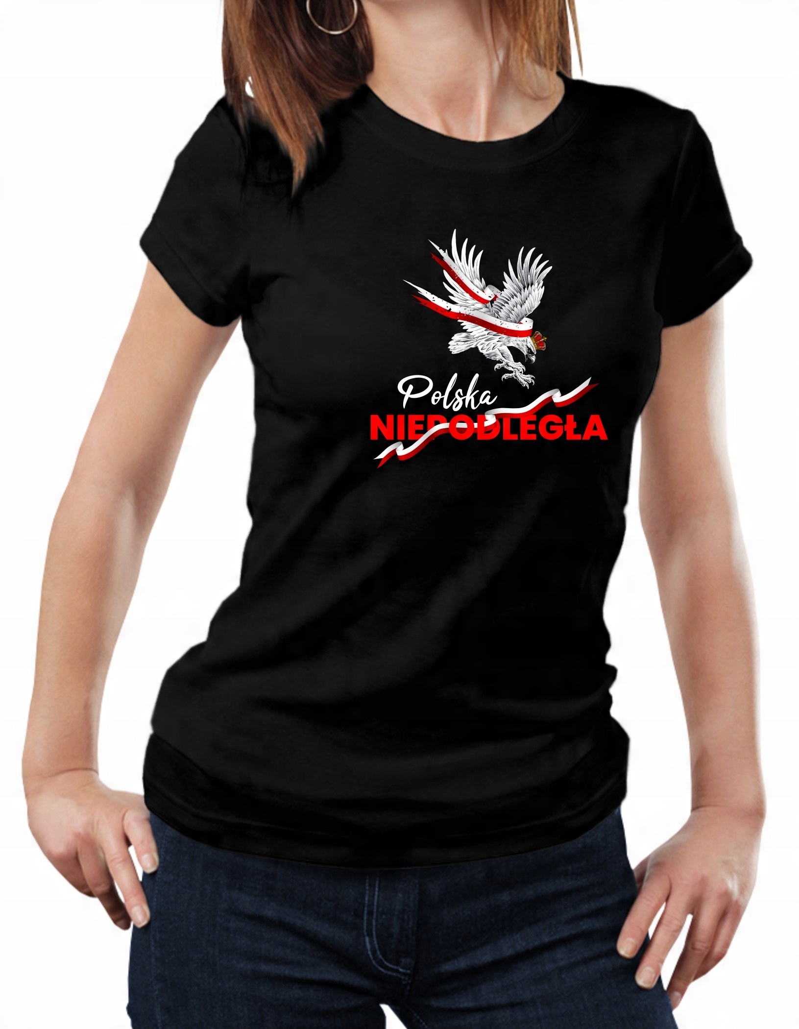 

Damska Koszulka Patriotyczna Czarna Bawełna r.L