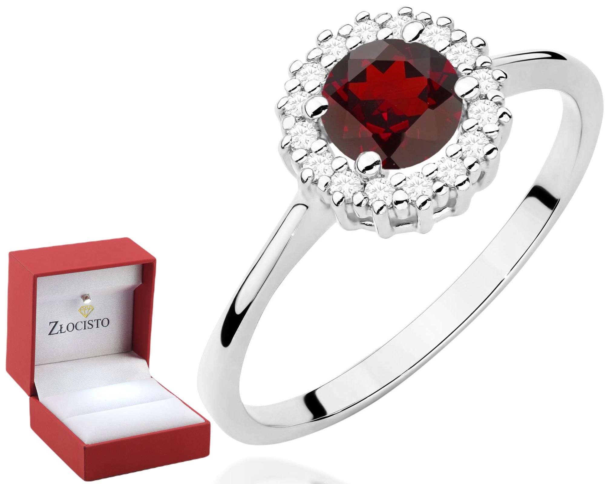Bílé Zlato Prstýnek Granát A Diamanty Gravírování Bonus 585 Dárek