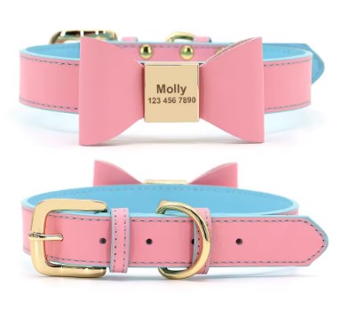 Levně Obojek pro psa kočku Mašle Gravírování Jméno Telefonní číslo S Růžová