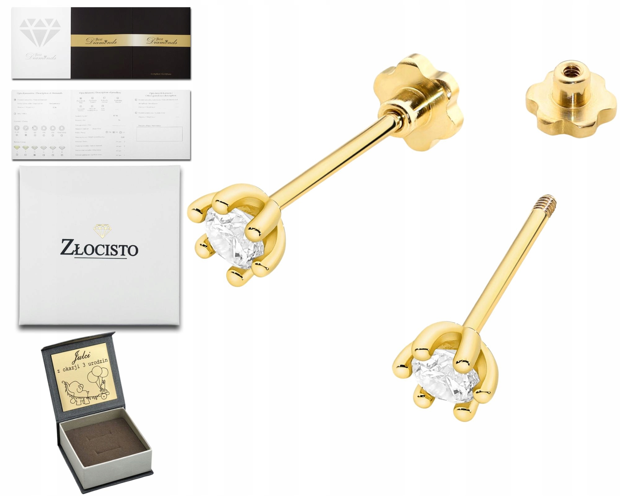 Zlaté Náušnice S Briliantem, Šroubovací Tyčinka, Klasické Zlato 585