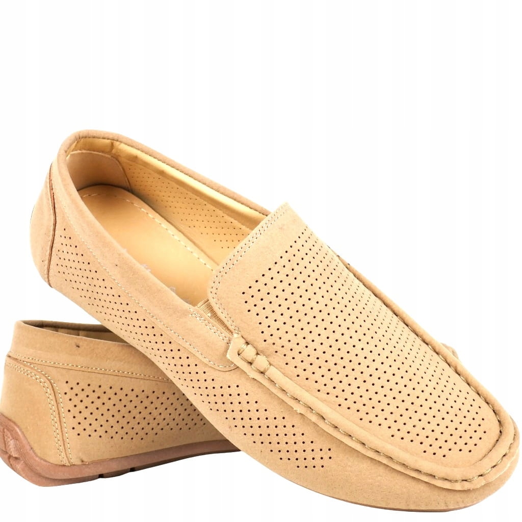 Pánské Ažurové Mokasíny Děrované, Béžové, Semišové, Klasické, Elegantní