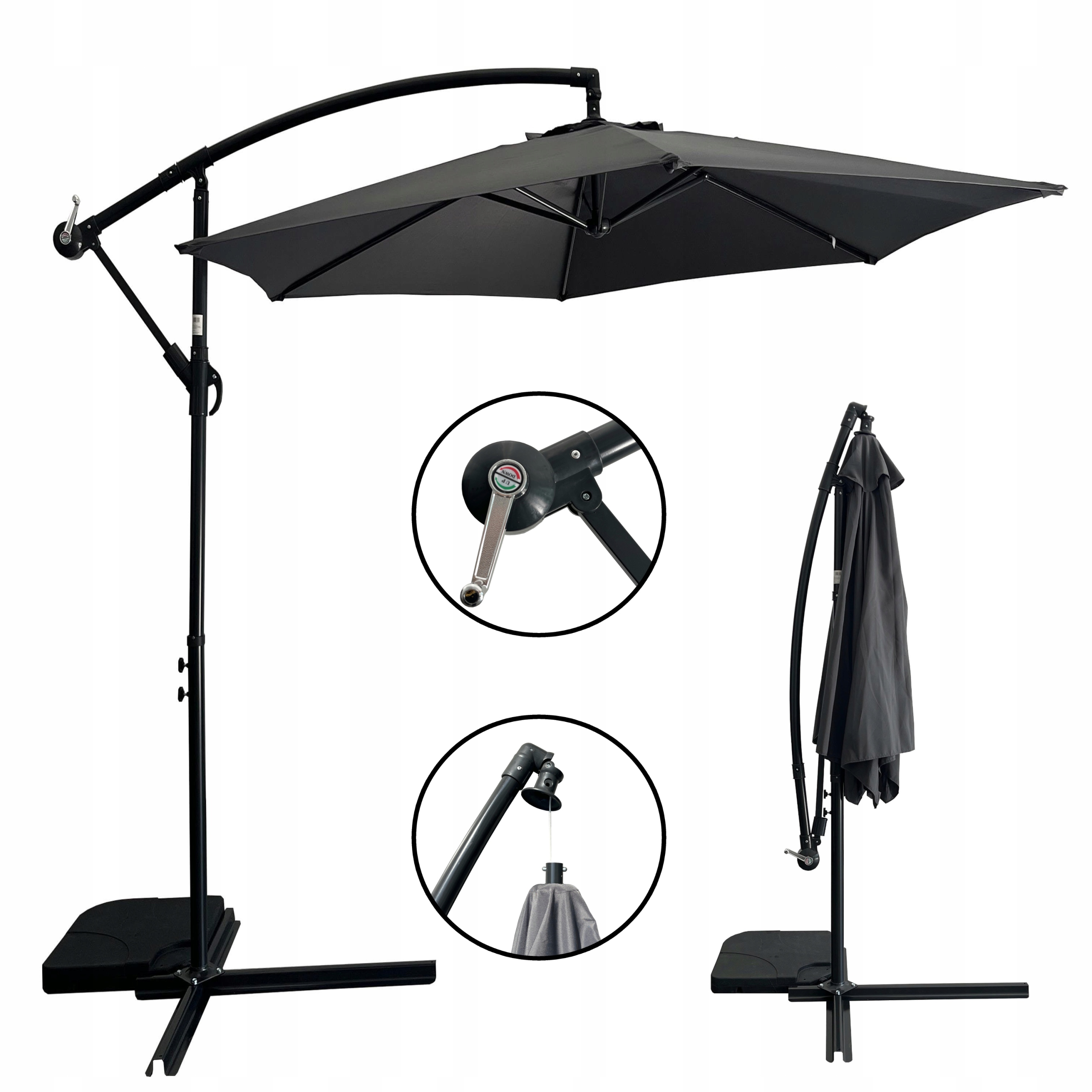 Zahradní Slunečník Velký Skládací Pevný s boční nohou Černý