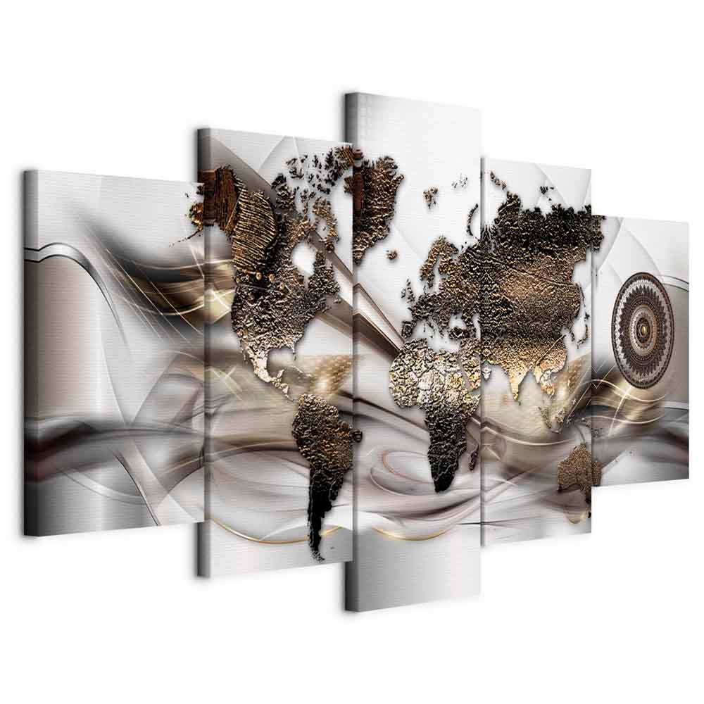 Obraz Triptyk 5cz Mapa Světa Zlatý Bronz Moderní Do Obývacího Pokoje Velký 200x100