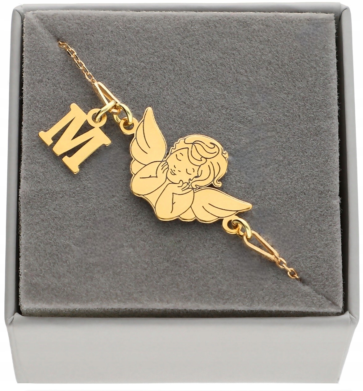 Zlatý náramek s andělem a andělem Libovolné Písmenko Krabička Svaté Přijímání 925